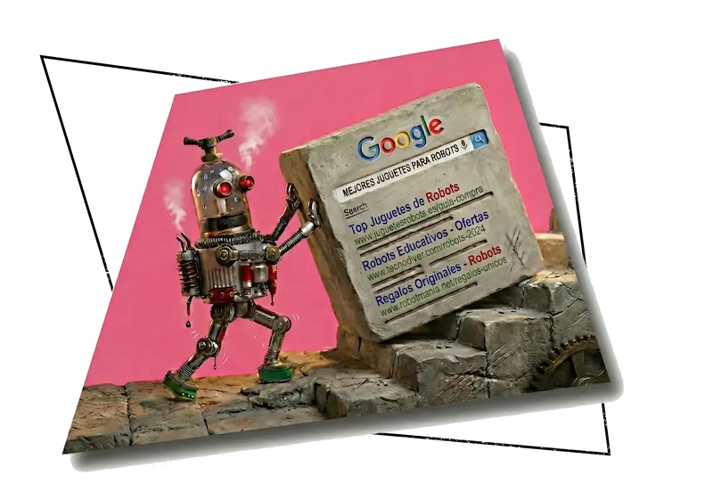Robot intentando subir posiciones en google sobre una pagina web. De la agencia de seo growth larriera